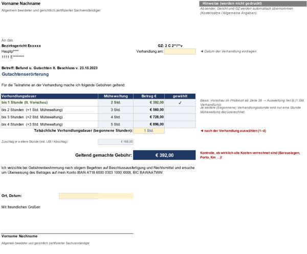 Gebührenantrag für die Teilnahme an der Verhandlung